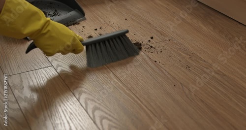 Spilled soil from a flower pot being cleaned with a brush and dustpan, home dirt cleaning.