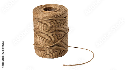 Fotografie Skein of natural brown jute twine cord rustic string spool isolated on transpare