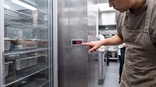 Cook checking commercial refrigerator temperature on digital display