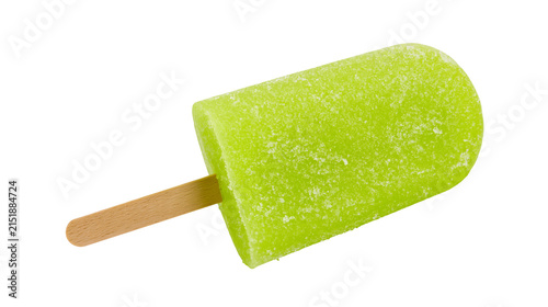Lime popsicle with wooden stick covered in sugar crystals