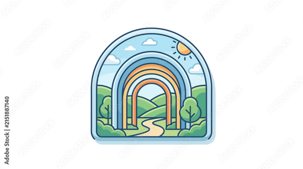 Fototapeta premium Rainbow arches over a serene green landscape featuring rolling hills and a winding path under the sun.