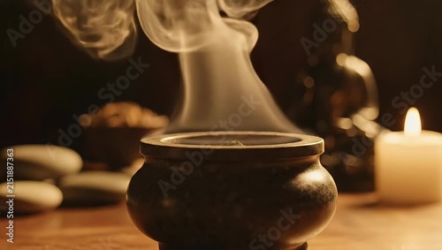 Burning incense burner with smoke in zen setting