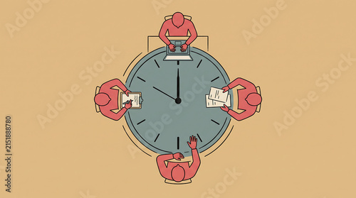 Conceptual illustration of people working around a clock face representing time management and deadline pressure in a modern business setting