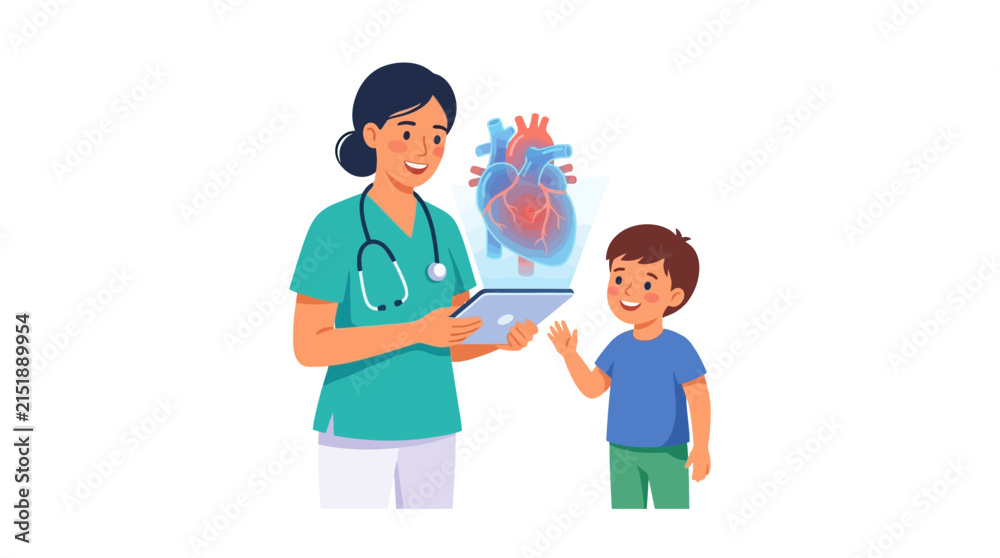 Fototapeta premium Friendly female pediatrician showing 3D heart hologram to a young boy for medical education flat vector element.