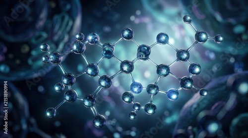 Detailed three dimensional molecular structure model floats in a microscopic blue biological environment representing medical research and scientific discovery for healthcare biotechnology innovation.