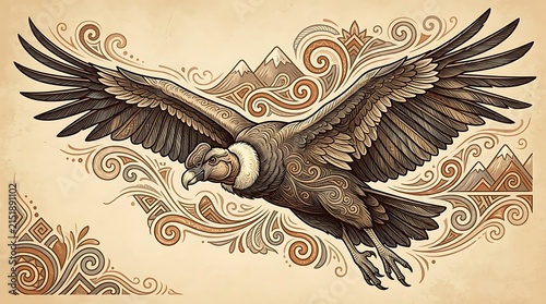 Artistic Andean Condor Illustration Soaring Over Mountains with Decorative Ornate Folk Art Patterns