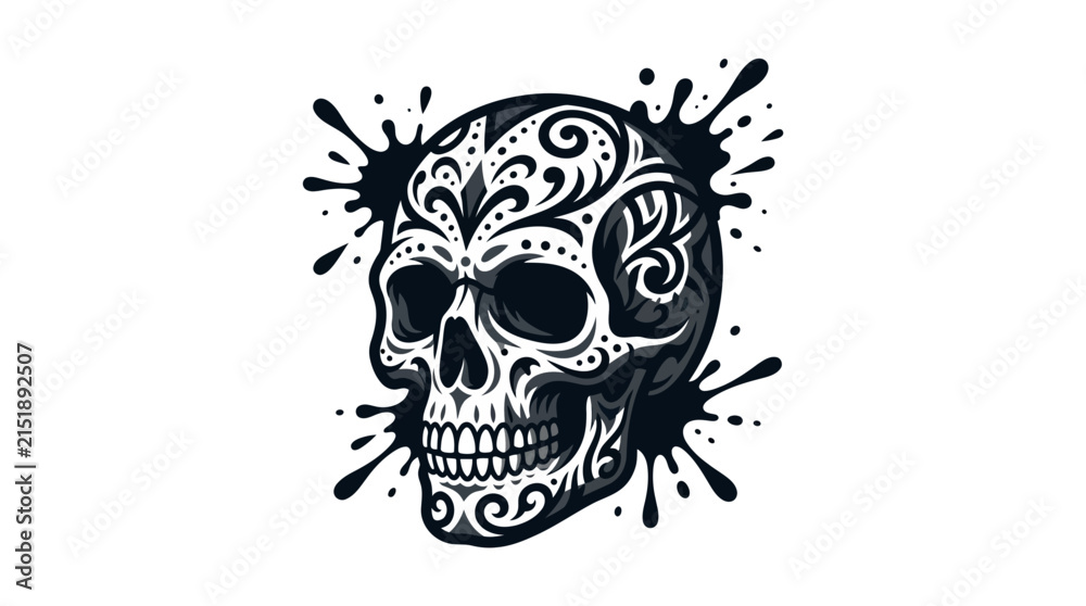 Fototapeta premium Patterned sugar skull with black ink splash background.