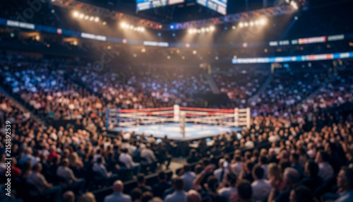Fully blurred boxing arena with dense spectators, soft ring ropes and atmospheric lighting creating a dramatic combat sports background for advertising, tournament promotion and event marketing.
