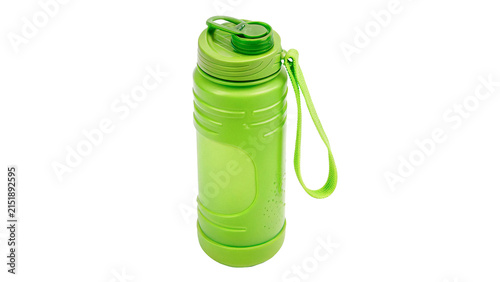 Modern green plastic sport water bottle shaker with handle isolated on transparent background