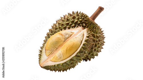 Whole exotic fresh green durian fruit with sharp spines isolated on transparent background