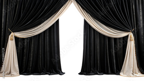 Classic luxury black velvet theater stage curtains drapes decoration isolated on transparent background