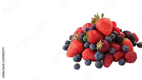 Pile of fresh mixed berries strawberries blueberries blackberries crop isolated on transparent background