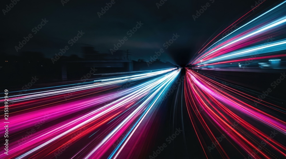 Fototapeta premium Long exposure light trails from moving vehicles on a dark highway at night with vibrant neon colors