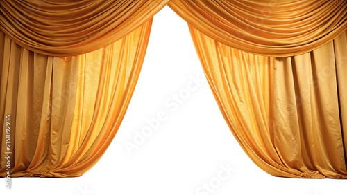 Elegant luxury golden satin theater stage drapes curtains frame isolated on transparent background
