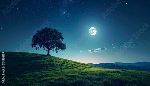 A solitary tree sits on a gentle grassy hill beneath the soft glow of moonlight and a starry night sky, creating a calm and peaceful mood, silhouette, horizon, night12