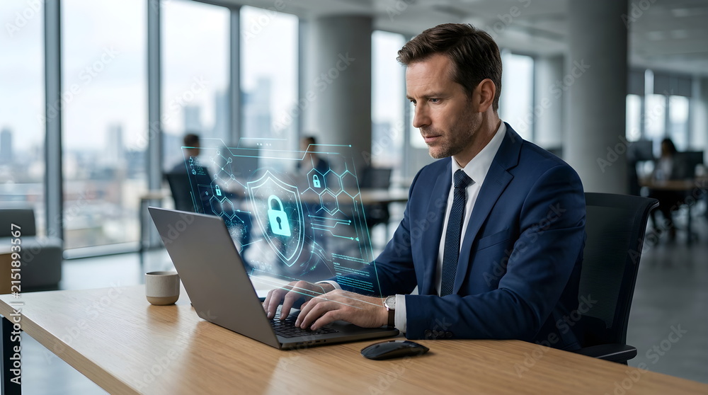 Fototapeta premium Businessman Working on Laptop with Cybersecurity Protection Interface