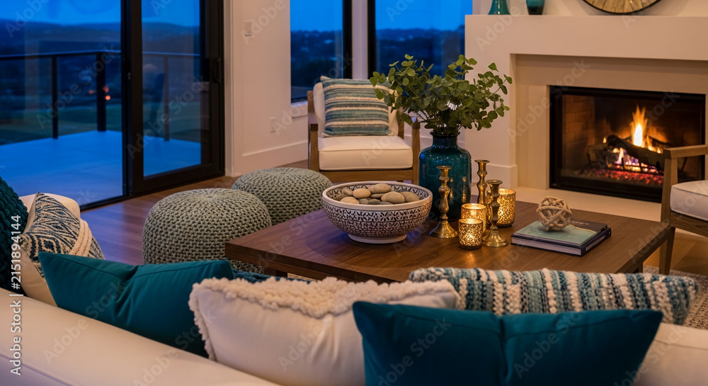 Fototapeta premium Cozy living room with fireplace, plush pillows, and decorative objects, evoking comfort and relaxation. It symbolizes a warm home sanctuary.