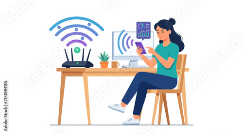 Young woman monitoring high speed internet connection and data analytics on smartphone flat vector illustration