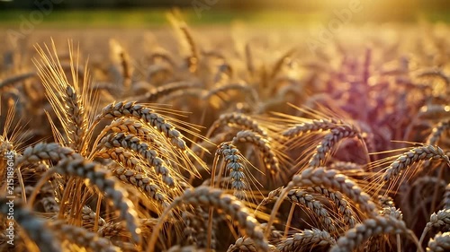 Golden wheat field under warm sunset light.