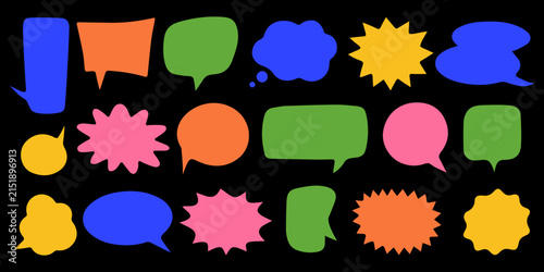 Collection of colorful speech bubbles and comic thought clouds isolated on black background. Blank communication frames set ideal for chat icons, social media graphics, and stickers.