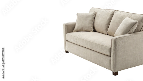 Modern minimalist comfortable white fabric sofa couch living room furniture isolated on transparent background