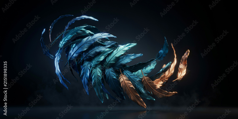 Naklejka premium Swirling blue and bronze feathers floating in dark atmosphere