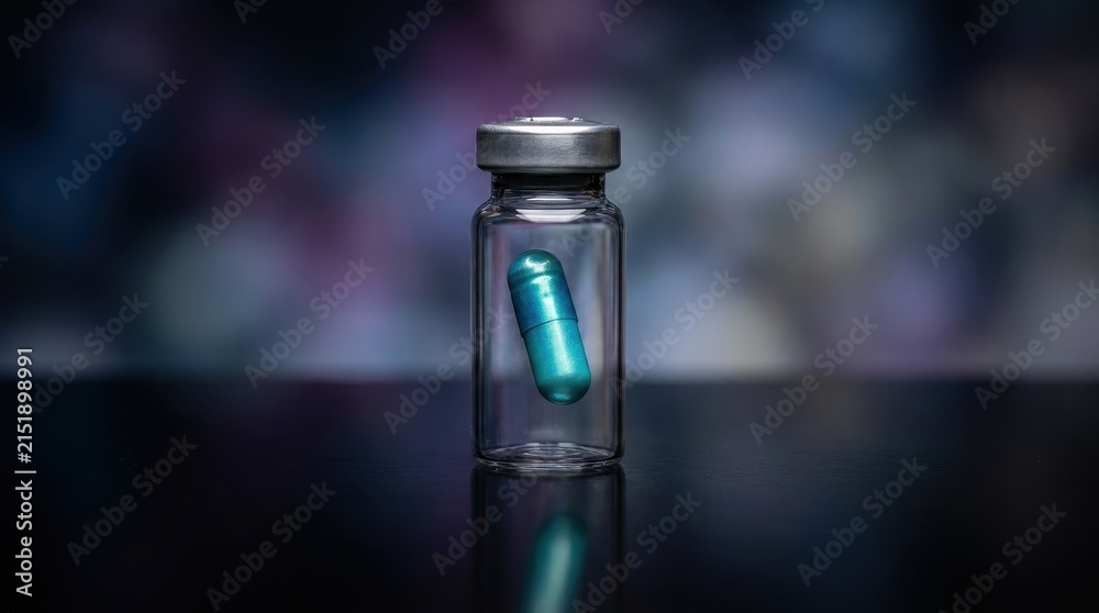 Fototapeta premium Sterile transparent vial containing a single blue metallic capsule for medical treatment