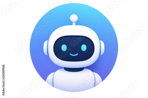 Smiling white robot mascot with blue gradient circle background