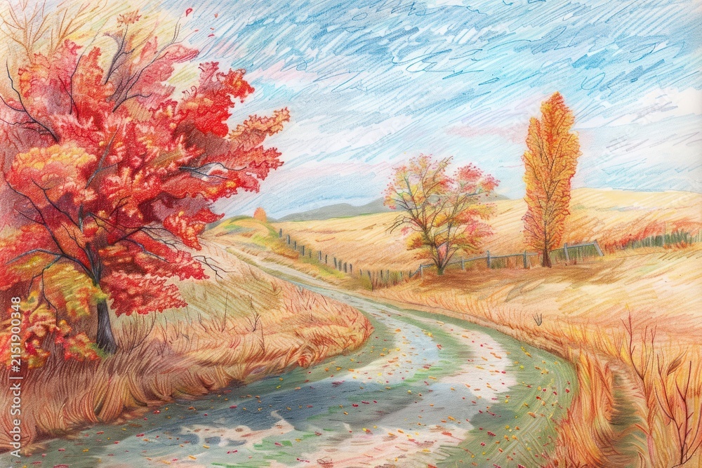 Obraz premium Autumn landscape painting outdoors scenery.