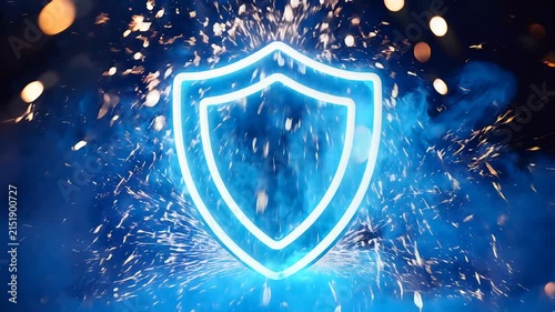 Neon blue shield security icon with smoke effects and dark digital background