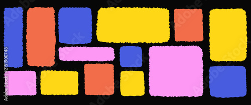 Set of colorful rectangular text frames and speech boxes with torn torn edges isolated on black background. Blank paper banners ideal for social media posts, quotes, and notices.