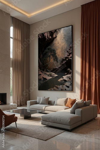 Living room with a large wall art piece showing a cave scene in a modern home setting