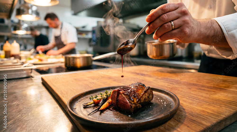 Fototapeta premium Professional chef finishing a gourmet meat dish by pouring rich savory sauce in a busy restaurant kitchen