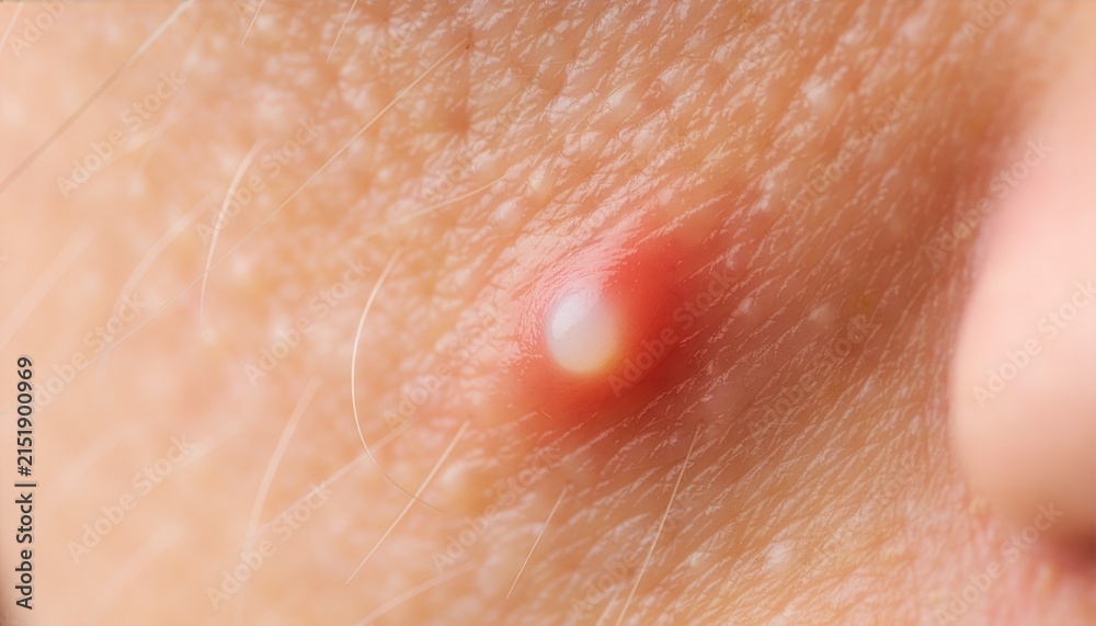 Fototapeta premium Macro shot of whitehead acne with detailed skin texture.
