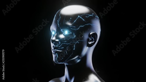 Metallic chrome humanoid head on solid black background.