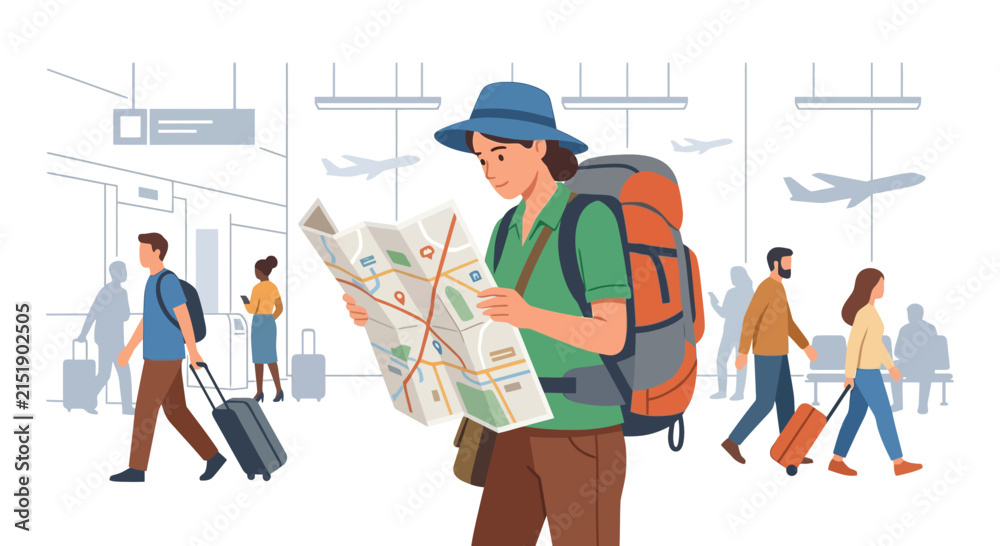 Fototapeta premium Female backpacker studying a large paper map in a busy airport terminal flat vector illustration.