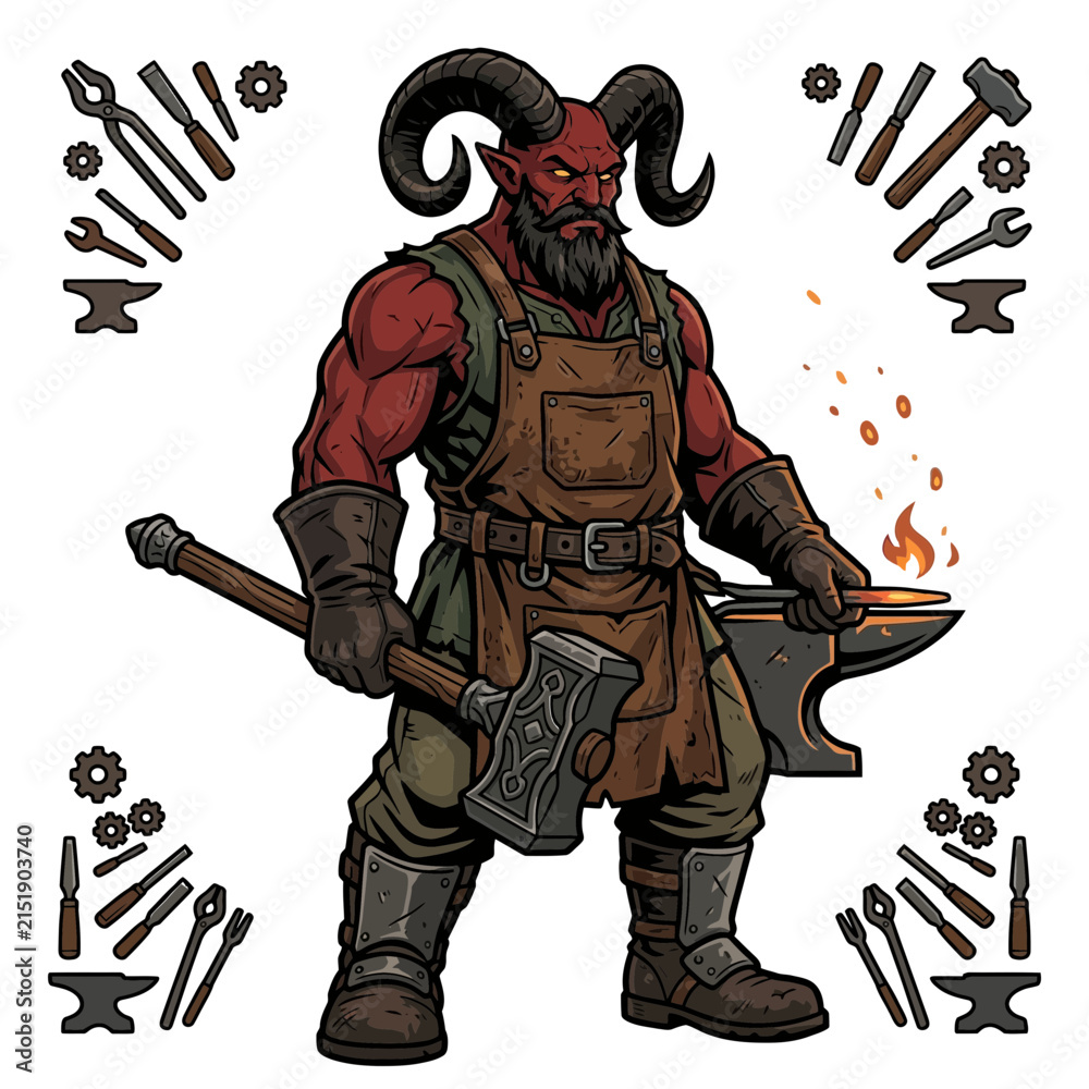 Obraz premium Depicting Demon Blacksmith Holding Hammer Crisp Premium Digital Asset