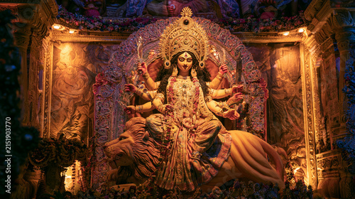 Goddess durga idol during durga puja festival, a vibrant celebration of hindu culture and divine feminine power