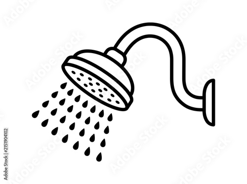 Black and white shower head with flowing water illustration