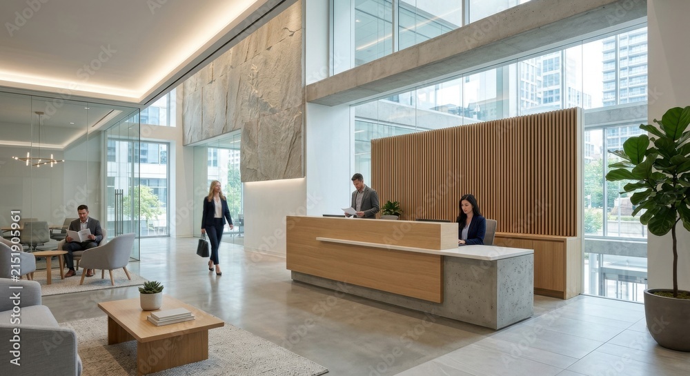 Fototapeta premium Modern Office Reception Area with Natural Wood and Concrete Elements