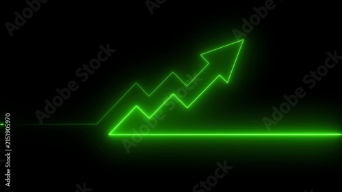 Abstract neon arrow business growth chart animation, green upward graph on black background.