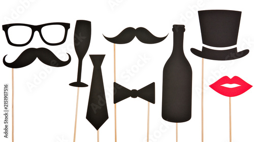 Obraz na plátně Party Photo Booth Props Glasses Mustaches Lips Tie Bow Tie Top Hat Champagne Gla