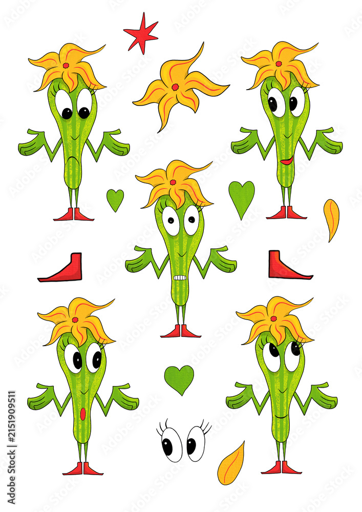 Naklejka premium Big-Eyed Zucchini Emotion Sticker Sheet – Printable Vegetable Character PNG Set