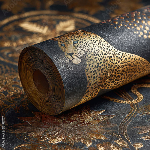 Black leopard wallpaper gold accent glossy roll animal print luxury interior decor on ornate floral surface with dark textured pattern and metallic detail