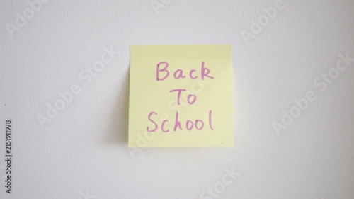A person's hand pressing a square yellow sticky note onto a plain white wall. The note features the words 