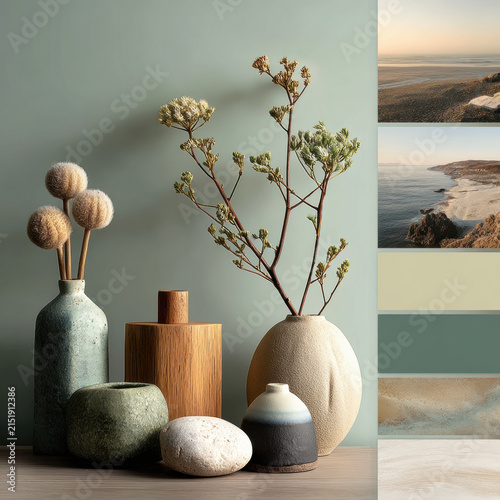 Still life dried flower vase stone ceramic wood coastal palette sage green neutral decor arrangement with soft natural light and calm organic texture for interior styling