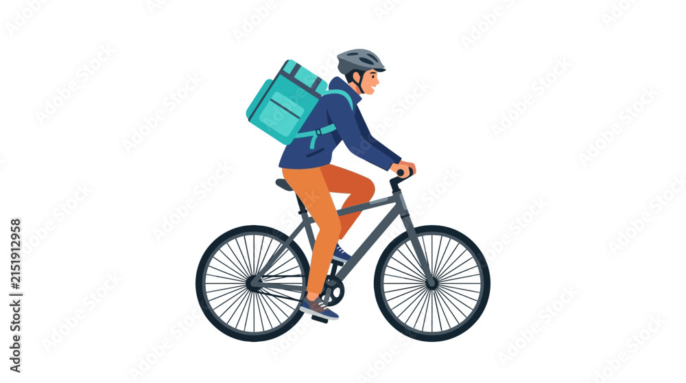 Fototapeta premium Energetic delivery courier pedaling a bicycle with thermal backpack for food service flat vector element