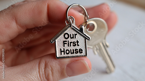 Closeup of a person holding a houseshaped keychain with the text our first house and keys, symbolizing home ownership and new beginnings