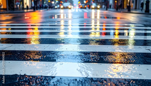 Paso de peatones mojado por la lluvia con reflejos de luces urbanas de colores durante la noche