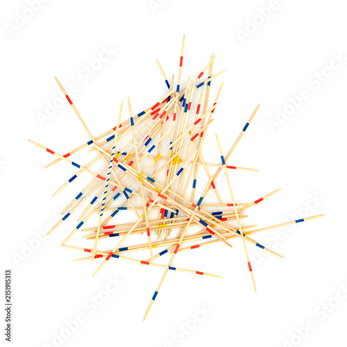 Pick up sticks mikado kids game with master stick on white background. Natural eco friendly traditional wooden toys for dexterity stick game.